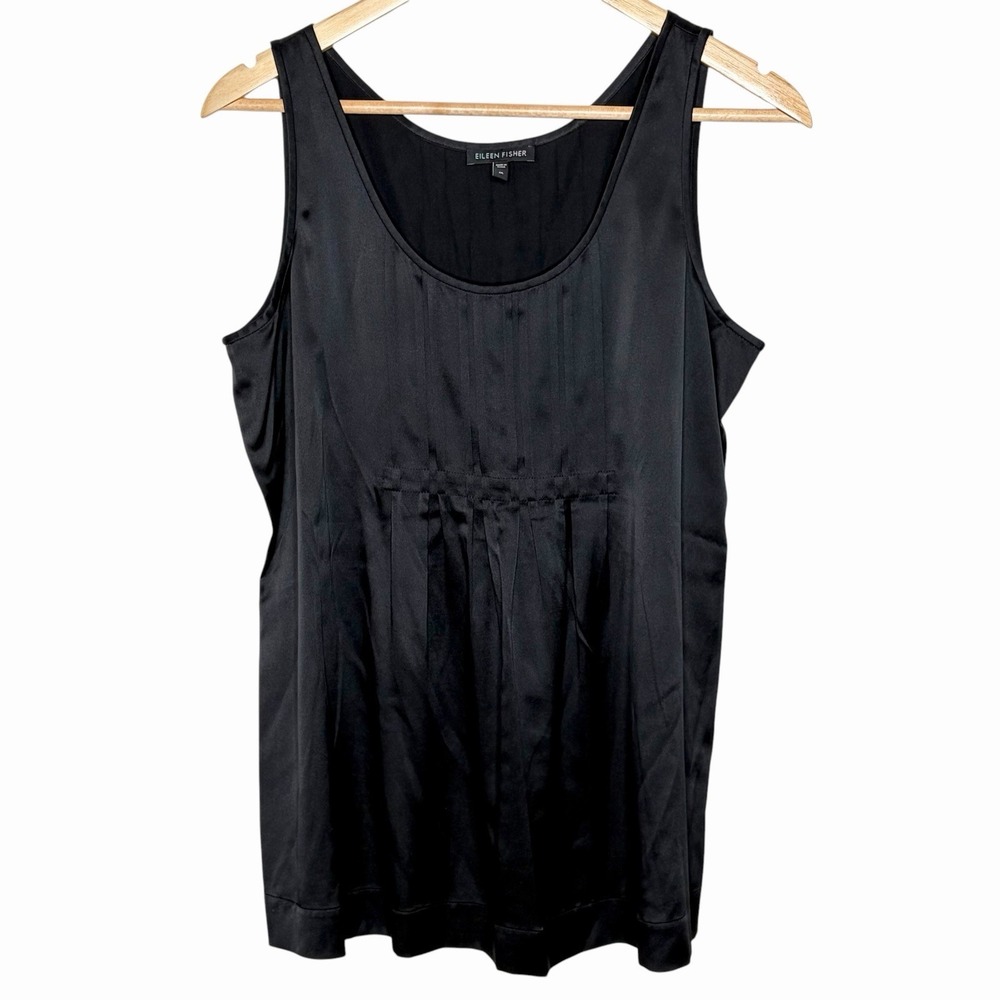 Eileen Fisher Silk Satin Tank Top Black Womens Size M Quiet Luxury Minimalist